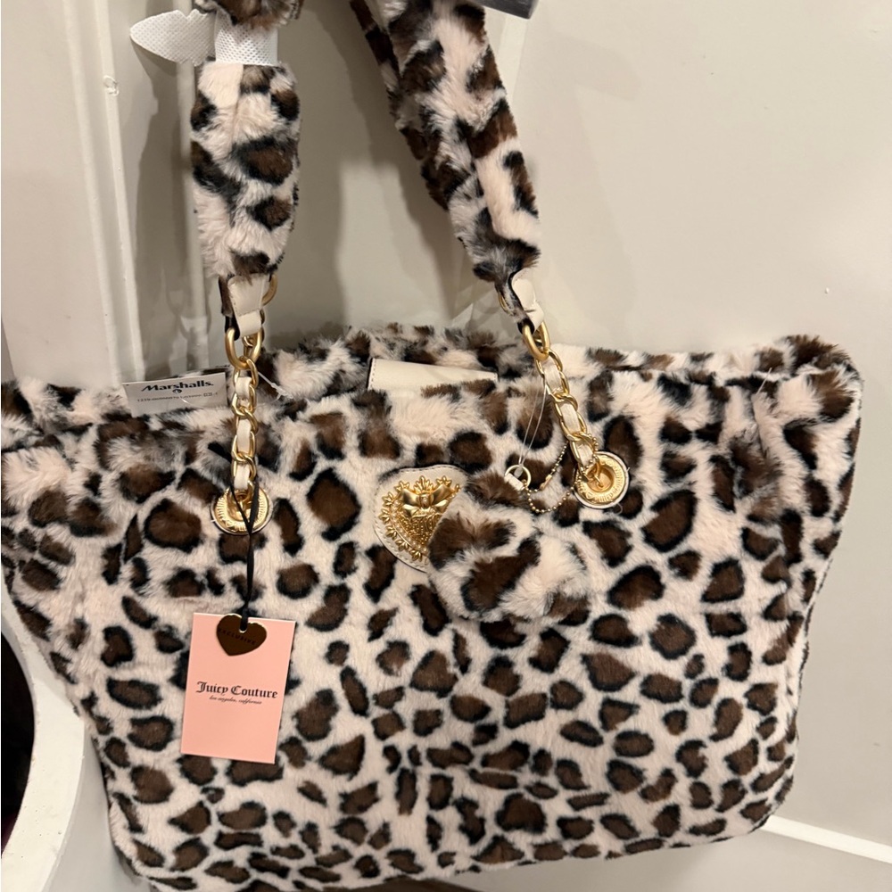 Juicy Couture Faux Fur snow Leopard Tote with Gold Accents - Picture 4 of 5